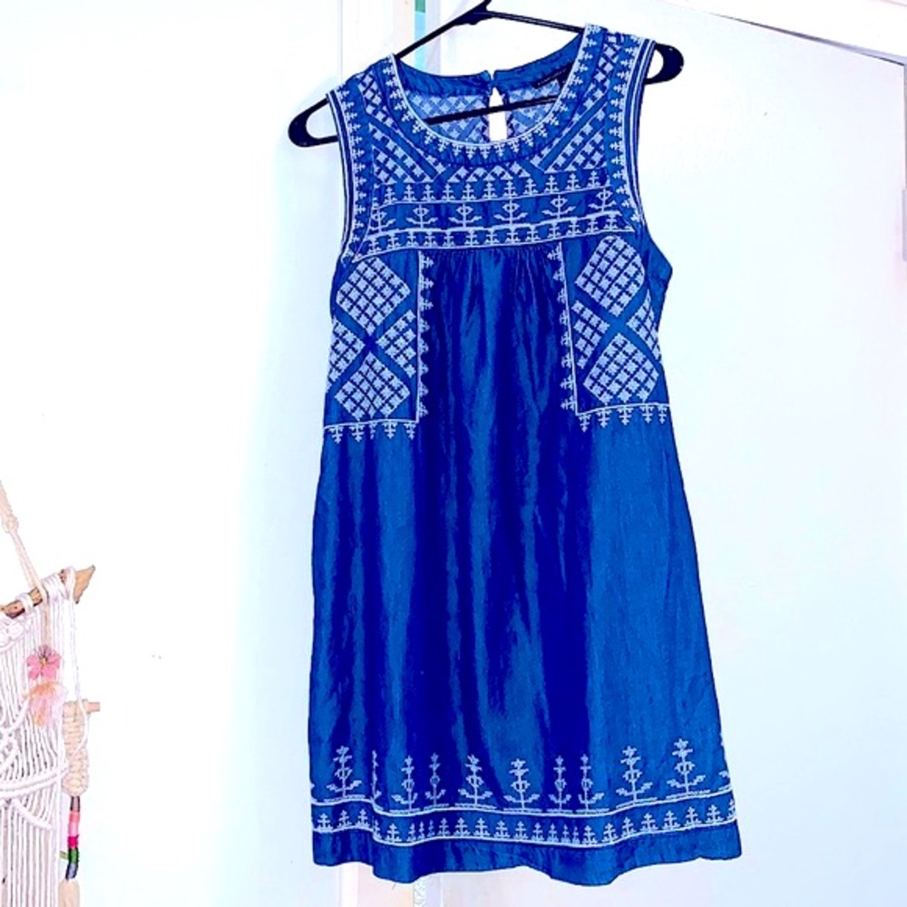 Sweet Sleeveless MIDI Dress Denim Sundress w/Lovely Embroidery Stitching+Pockets
